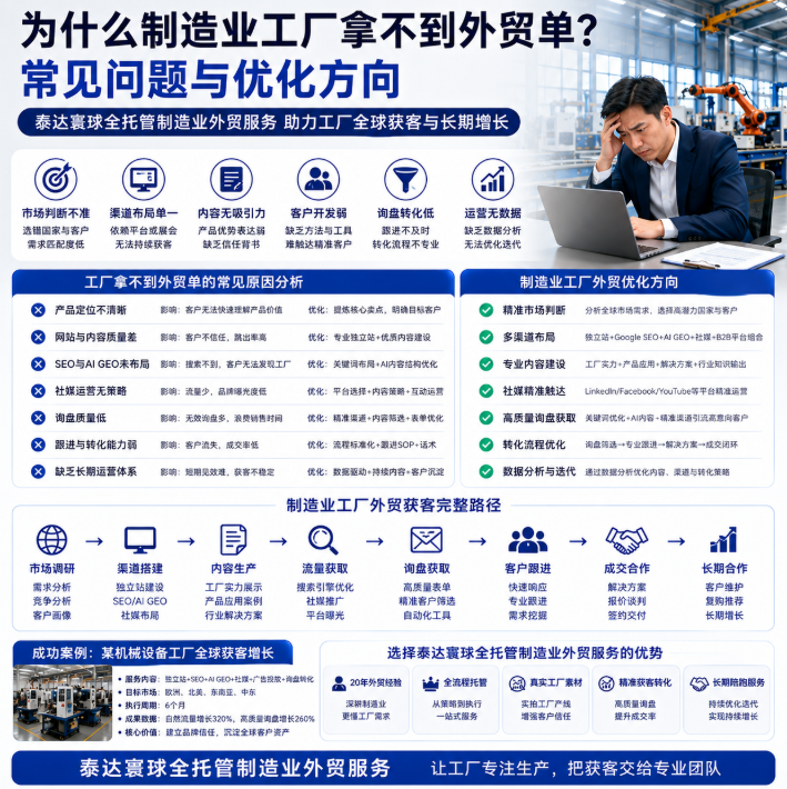 泰达寰球全托管制造业外贸服务为什么拿不到外贸单？常见问题与优化方向.png